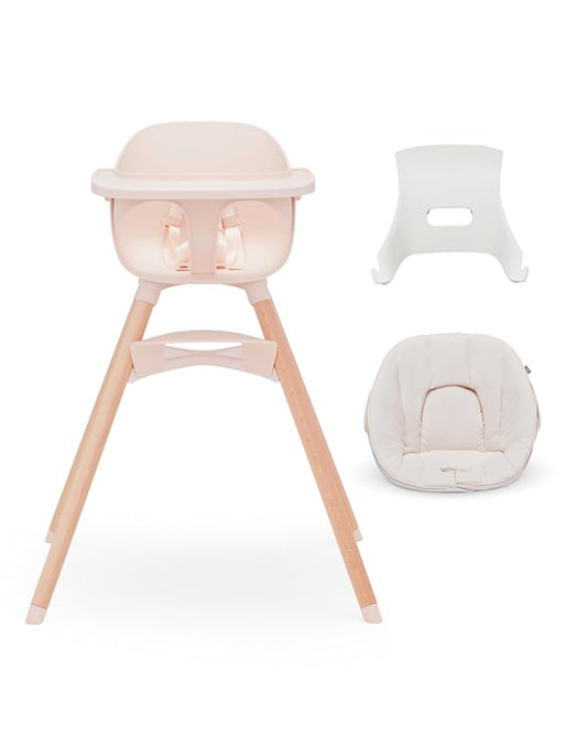 Lalo The High Chair Infant Kit - Convertible Wooden High Chair for Babies & Toddlers with Infant Support & Cushion, Grows with Your Child, Dishwasher Safe Tray, Adjustable Footrest Grapefruit