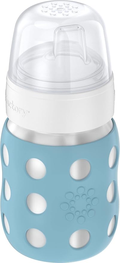 Lifefactory 8-Ounce Stainless-Steel Vacuum-Insulated Wide-Neck Baby Bottle with Sippy Nipple, Denim (LS2251WDE4)