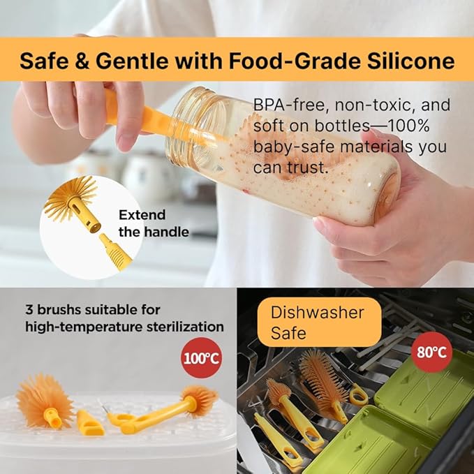 Travel Bottle Cleaner kit, 6in1 Baby Toddler Travel Essential Silicone Bottle Brush Set, Baby Bottle Soap Dispense, Drying Rack, Nipple, Straw Breast Pump Cleaning, Storage Case, Gift for Moms (Green)