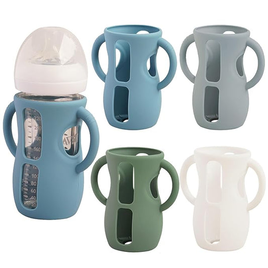 4 Pack Silicone Sleeves for Avent Natural Glass Baby Bottles, Anti Breakage Bottle Holder, Compatible with Philips Avent Glass Natural Baby Bottles (Blue+Gray+Green+White, 8 OZ)