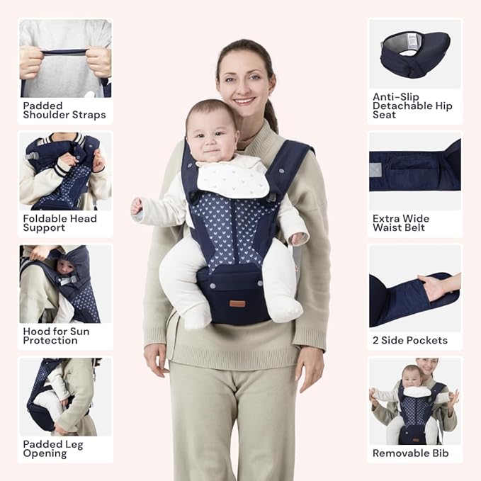 BabbleRoo Grow Carrier – Safety-Certified 6-in-1 Baby Carrier with Hip Seat, Ergonomic & Adjustable Toddler Carrier 7-50 lbs with Hip Support, Hood for Sun Protection, Newborn to Toddler, Navy Hearts