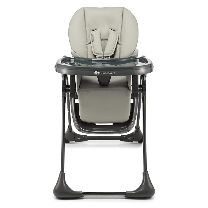 Kinderkraft Tummie, 2-in-1 high Chair, Baby Chair, Ergonomic, Comfortable, Reclining, Foldable, with Ajustable Height, Footrest, Detachable Tray, for Toddler, with Toys, Gray
