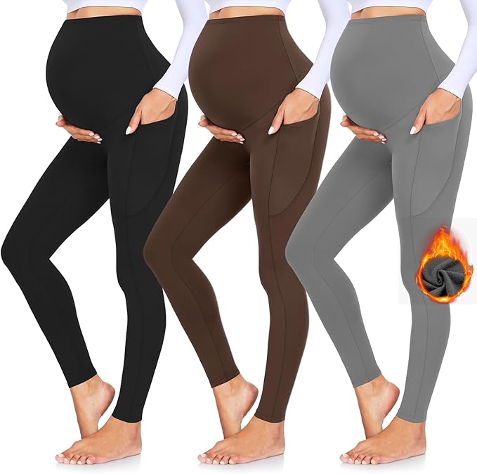 GROTEEN 3 Pack Women's Maternity Leggings with Pockets Over The Belly Workout Yoga Pregnancy Pants