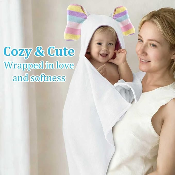 VOOVA & MOVAS Thick Baby Hooded Bath Towel - 100% Cotton,500GSM, 33x31.5 Inches,0-2Years, Super Absorbent Large Towel with Cute Elephant Ears Hood for Newborn, Baby, Infant, Baby Essentials,White