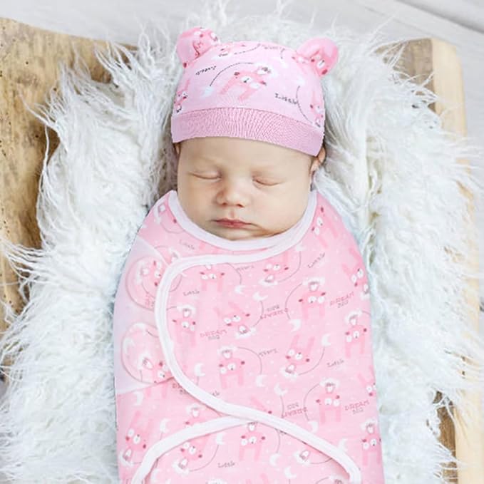 Cinaci 2 Pieces Adjustable Soft Cotton Baby Swaddle Sleep Sacks Hats Newborn Nursery Caps Beanies Bonnets Swaddle Blanket Wraps for Baby Girls Boys Infants Newborns (2PCS S3)