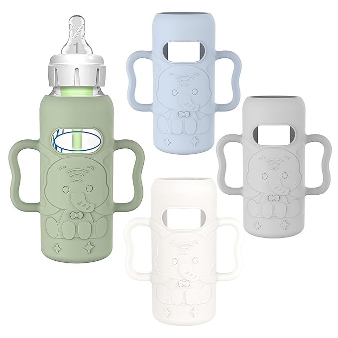 KingKam 4 Pack Silicone Sleeves for Dr. Brown's Glass Baby Bottles, Drop Protection Easy-Grip Baby Bottle Sleeves Holder with Handles, Compatible with Dr. Brown's Narrow Glass Bottles 8oz