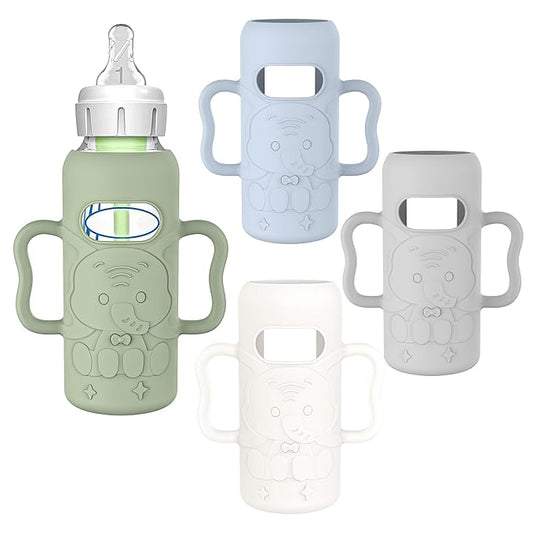 KingKam 4 Pack Silicone Sleeves for Dr. Brown's Glass Baby Bottles, Drop Protection Easy-Grip Baby Bottle Sleeves Holder with Handles, Compatible with Dr. Brown's Narrow Glass Bottles 8oz