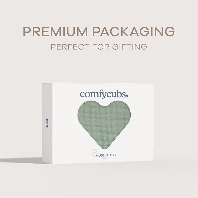 Comfy Cubs Muslin Bibs for Babies, Pack of 8 - Soft and Highly Absorbent, Feeding, Drool and Teething Bib, Adjustable Snaps - Stylish & Colorful Unisex Designs, Giftable Set - Fern