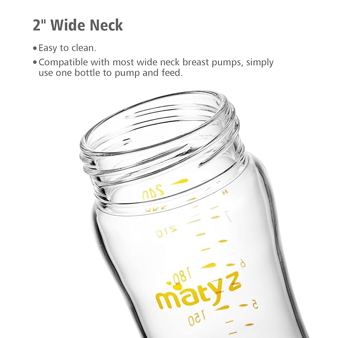 Matyz 8 Ounce Glass Baby Feeding Bottle With Nipple - Light and Slim, Easy to Hold and Clean - Food Grade Borosilicate Glass, Wide Neck for Breastmilk Feeding, No BPA (Green Lids)