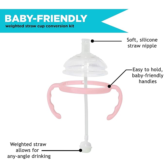 Botabee Straw Transition Cup Kit for Comotomo Baby Bottles | Conversion Kit Fits 5 & 8 Ounce Bottles | Soft, Silicone Straw Top Bottle Nipple & Weighted Straw to Help Baby - Pack of 2 (Pink)