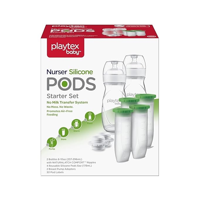 Playtex Baby Nurser PODS Starter Set with Reusable Silicone PODS, 8 Oz Bottles (x2), 6 Oz Silicone PODS (x4), and 2 Breast Pump Adapters, Feeding Essentials for Newborn and Breastfed Babies
