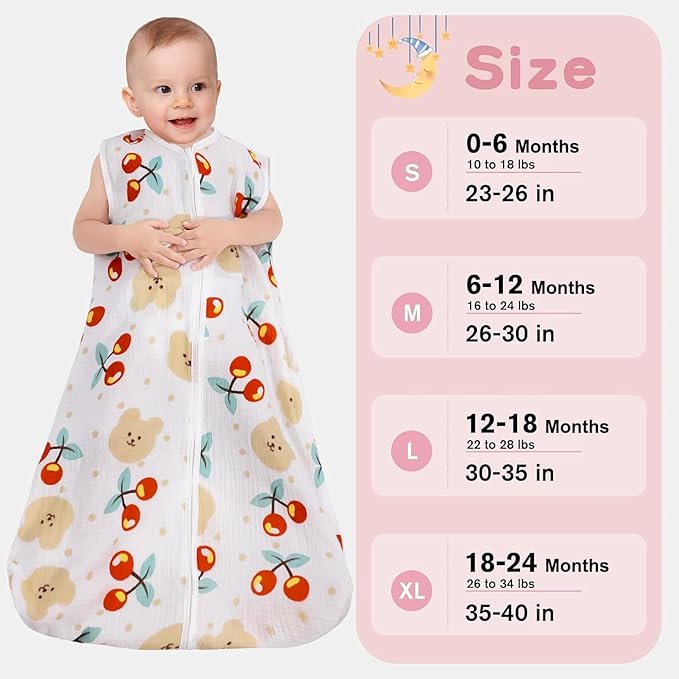 2 Pack Baby Sleep Sack 0-6 Months 100% Cotton Muslin Baby Sleeping Bag 2-Way Zipper Wearable Blankets (Flower & Cherry, Small)