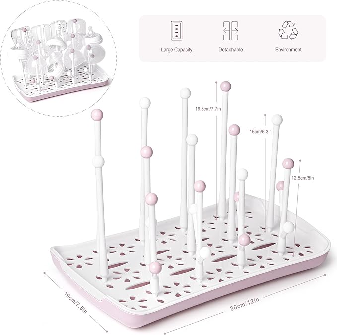 Termichy Baby Bottle Drying Rack, Large Capacity Baby Bottle Rack for Bottles, Dry Rack with Removable Water Tray(Pink)