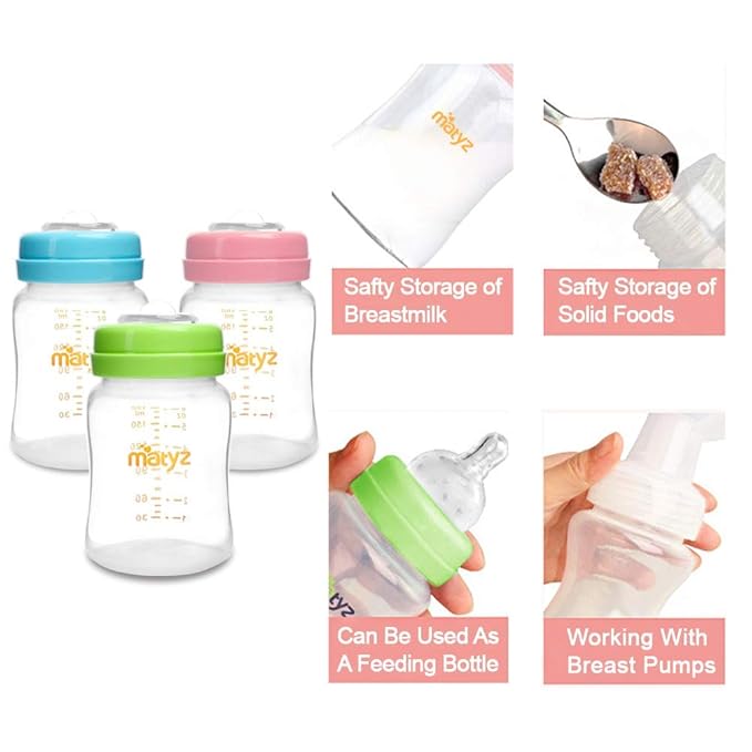 Matyz 6-PACK Breast Milk Storage Bottles (6oz, 3 Colors) - Wide Neck Breastmilk Collection and Storage Bottle - Formula Storage Bottles Compatible With Medela Avent Spectra Pumps