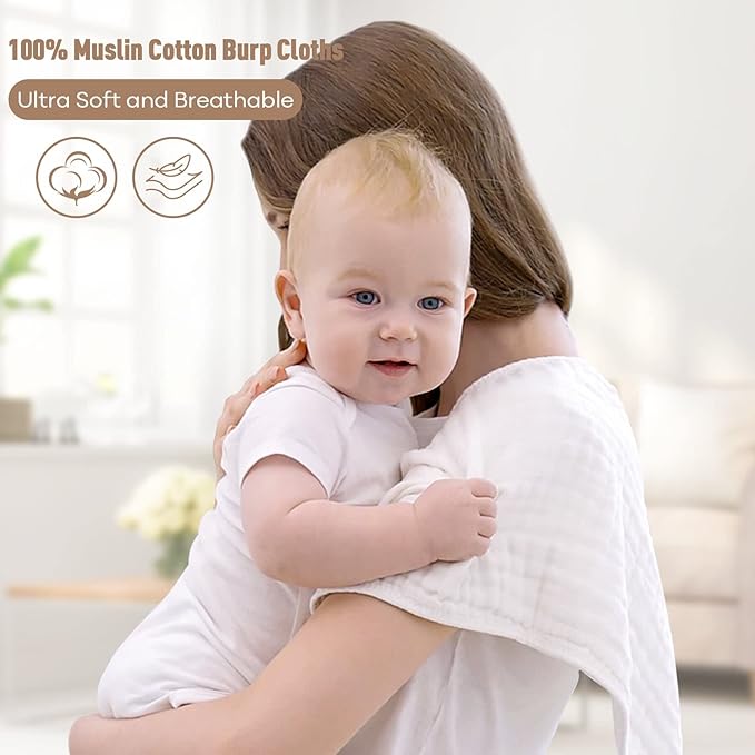 Yoofoss Muslin Burp Cloths for Baby 10 Pack 100% Organic Cotton Baby Washcloths for Boys Girls Large 20''X10'' Super Soft and Absorbent White
