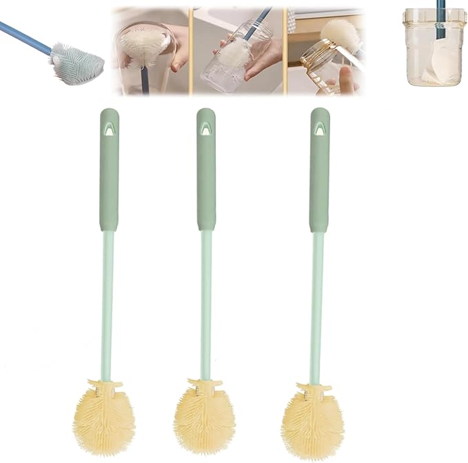3Pcs 360° Flexible Silicone Bottle Brush with Long Handle Multifunction Flexible, Deep Cleaning for Narrow Neck Bottles, Baby Bottles, Water Bottles (Green)