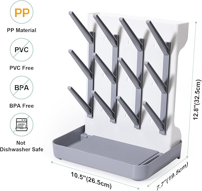 Space Saving Vertical Bottle Drying Rack, Large Countertop Baby Bottle Drying Rack Holder for Baby Bottles and Pump Parts, Gray