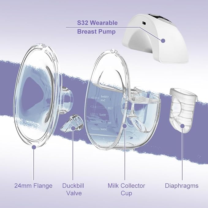 One Full Set S32 Breast Pump Parts with 24mm Flange Compatible with NCVI Nuliie NICEGREEN Life Zooawa S32 Breast Pump Replacement Parts,S32 Flange,Valves,Diaphragms,Collector