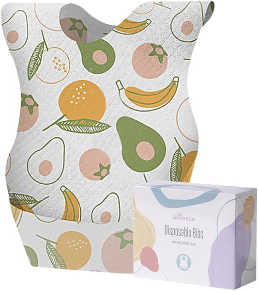 SUNVENO Disposable Baby Bibs with Crumb Catcher Pocket, Leakproof Liner, Adjustable Adhesive Tabs, Individually Wrapped