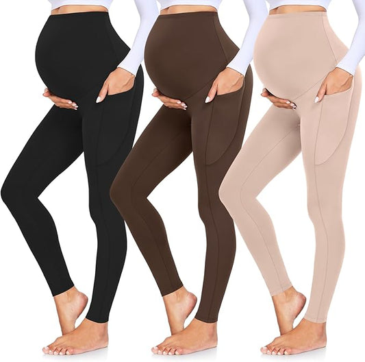 GROTEEN 3 Pack Women's Maternity Leggings with Pockets Over The Belly Workout Yoga Pregnancy Pants