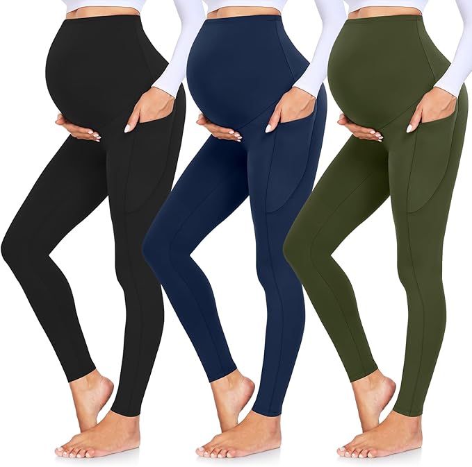 GROTEEN 3 Pack Women's Maternity Leggings with Pockets Over The Belly Workout Yoga Pregnancy Pants