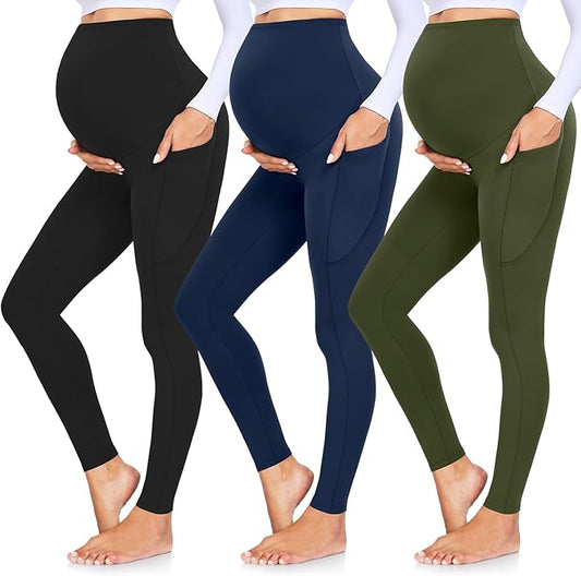 GROTEEN 3 Pack Women's Maternity Leggings with Pockets Over The Belly Workout Yoga Pregnancy Pants