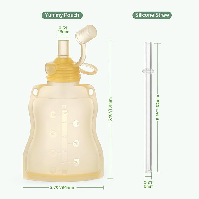 haakaa Pouch Reusable Baby Food Pouch, Reusable Pouches for Toddlers Kids Squeezable Pouch, Washable Freezer - Make Homemade Organic Food for Babies/Toddlers, 4oz, 2 Pack (Yellow)