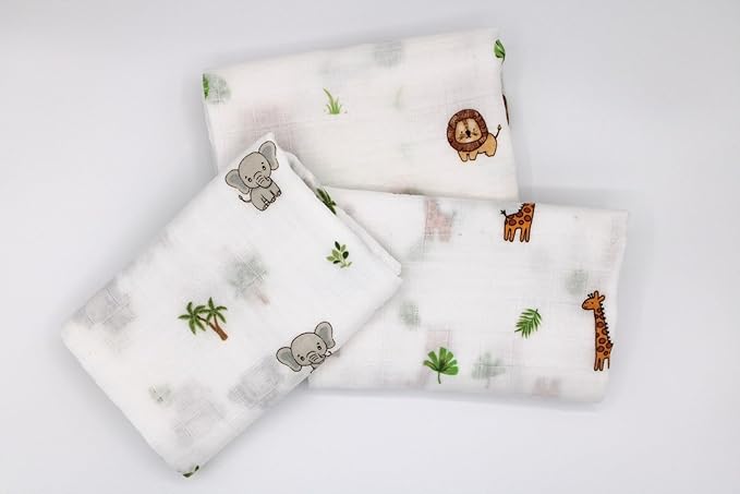 100% Muslin Cotton Baby Receiving Cloths, 3-Pack, 27x27 in (70x70cm), Soft & Gentle for Newborns, Sensitive Skin Safe, for Feeding, Burping & Comfort, 0+ Months (Safari)