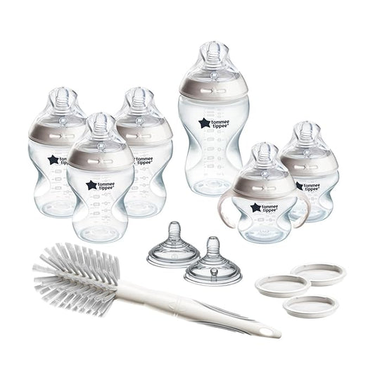 Tommee Tippee Natural Start 12 Piece BPA Free Bottle Set, Includes 2 x 5 oz, 3 x 9 oz, 1 x 11 oz Bottles, Newborn 0+ Months, Slow, Medium & Thicker Flow Breast-Like Nipples, Cleaning Brush, Clear