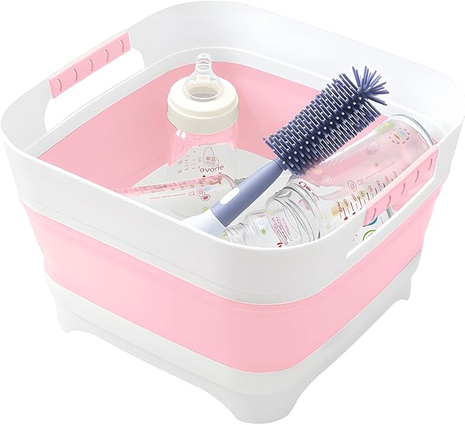 Collapsible Wash Basin for Baby Bottles - 2.4 Gallons Portable Wash Bin for RV Camping Sink, Space-Saving Dish Tub.Laundry & Utility Room Sinks (Pink)
