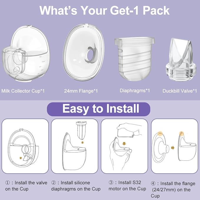 One Full Set S32 Breast Pump Parts with 24mm Flange Compatible with NCVI Nuliie NICEGREEN Life Zooawa S32 Breast Pump Replacement Parts,S32 Flange,Valves,Diaphragms,Collector