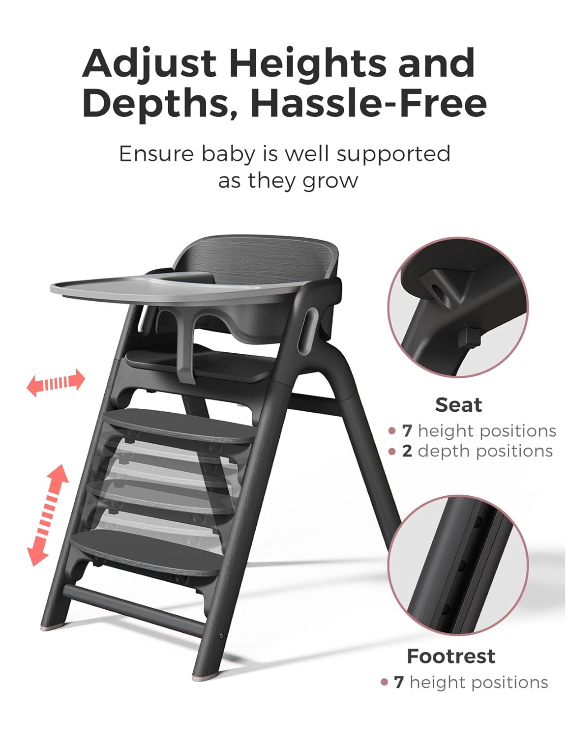 Momcozy DinerPal Wooden High Chair for Babies, Toddlers & Adults Up to 308 Lbs, Convertible Baby Highchair with Food-Grade Tray, Dishwasher-Safe, Adjustable & Ergonomic, Midnight Black