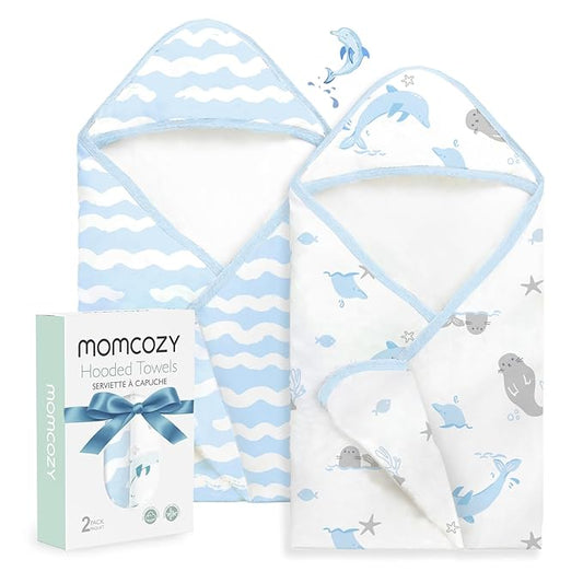Momcozy Baby Towel with Hooded-Original Design Baby Towel Set -Soft & Absorbent- Shower Gifts or Bath Essential for Infant, Newborn, Toddler, Marine Sea Whale Seal Waves Magic