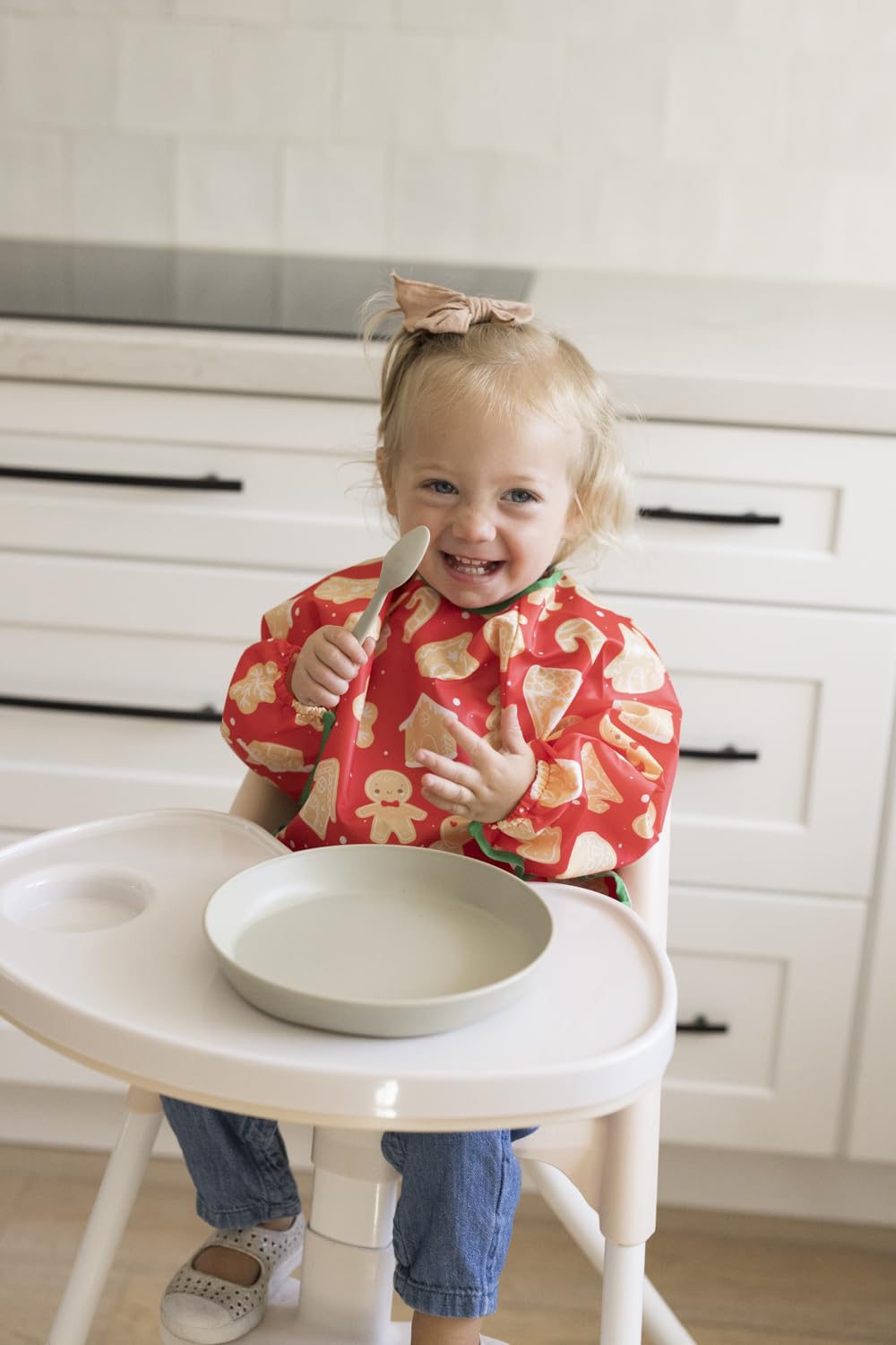 Tiny Twinkle Mess Proof Baby Bib,Waterproof Smock Baby Bib for Eating,Machine Washable Long Sleeve Bib,Baby Led Weaning,Toddler Bib Gingerbread, Small 6-24 Months