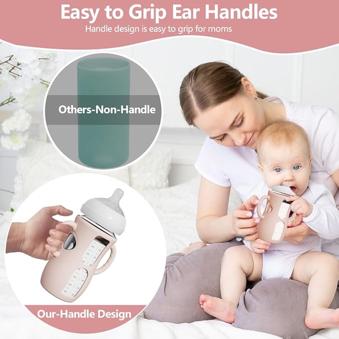 2 Pack Silicone Sleeves for Avent Natural Glass Bottles, Anti Breakage Baby Bottle Protector with Easy-Grip Handle, Compatible Philips Avent Glass Natural Bottle 8 oz, Not for Infant Use