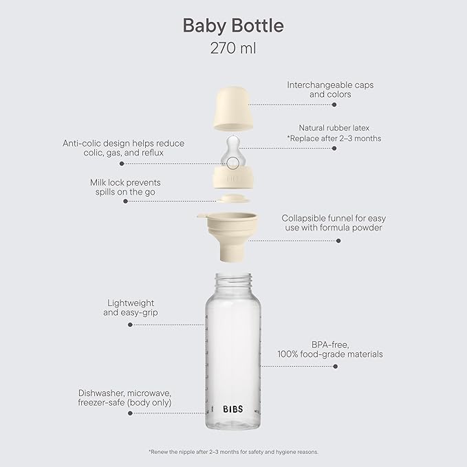 BIBS Baby Bottle 9 oz / 270 ml Silicone Nipple - Anti-Colic, BPA-Free, Round Nipple, Medium Flow, Lightweight & Easy to Clean, Suitable for Newborns 0+ Years - Ivory