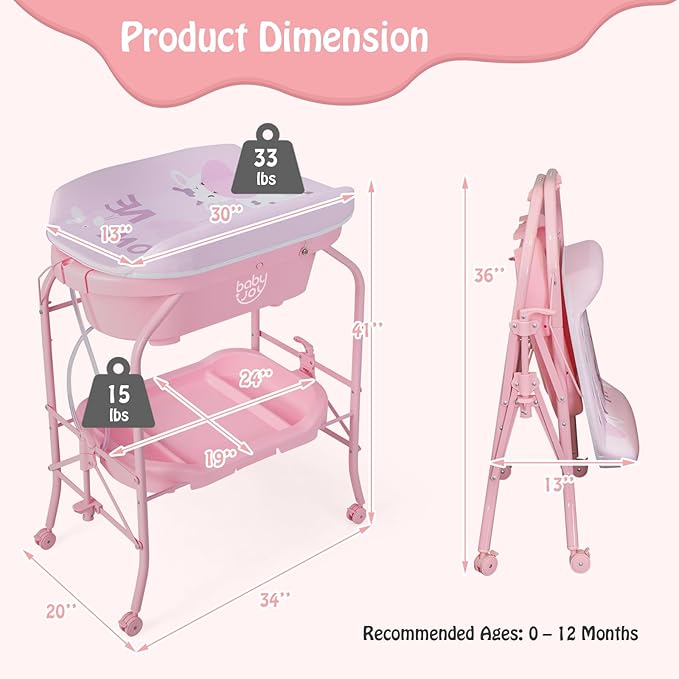 BABY JOY Baby Bathtub with Changing Table, Foldable Infant Diaper Changing Station with Storage Tray, Waterproof Pad, Portable Newborn Nursery Organizer Bath Stand with 4 Universal Wheels (Pink)