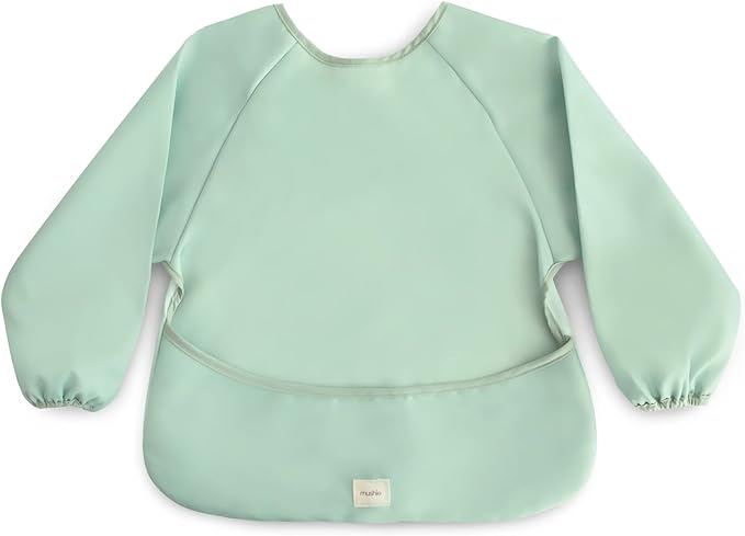 mushie Long Sleeve Baby Bib | Water Resistant Adjustable Fit for Ages 6-24 Months