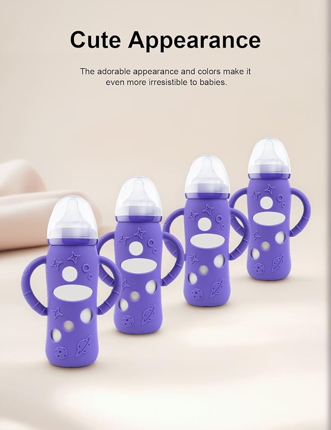 ZCH 4-Pack Silicone Sleeves with Handles for Lansinoh Glass Bottles, BPA-Free Drop-Resistant Baby Bottle Sleeves with Handles, Compatible with Lansinoh Anti-Colic Glass Baby Bottles (8 oz)