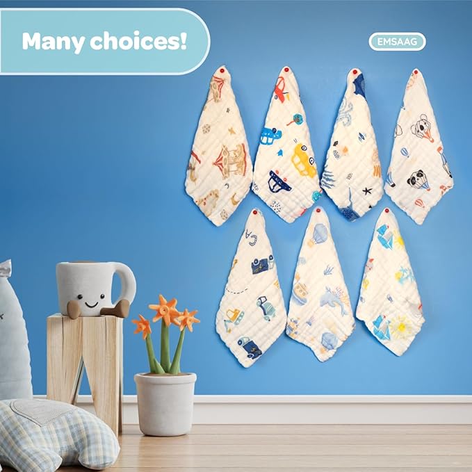 Car Pattern Baby Washcloths Pack of 7 - Absorbent Cotton Bath and Face Towels, Soft Face Cloths for Newborn, Burp Cloths,Sweating Towels for Babies and Infants - 10 x 10