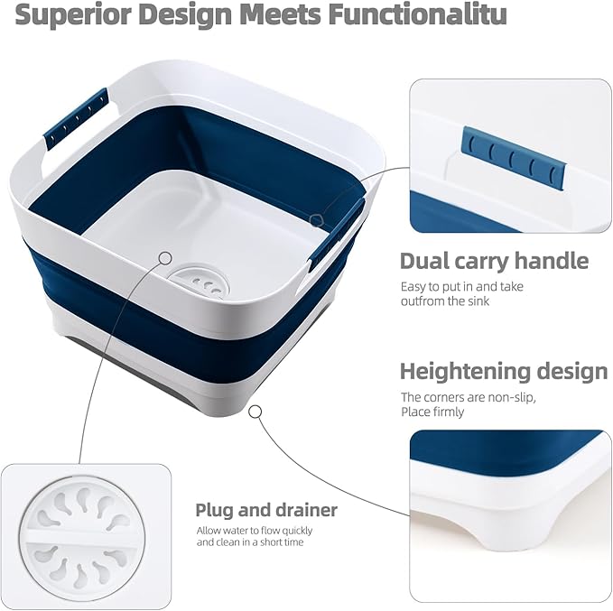 Collapsible Wash Basin for Baby Bottles - 2.4 Gallons Portable Wash Bin for RV Camping Sink, Space-Saving Dish Tub.Laundry & Utility Room Sinks (Navy Blue)