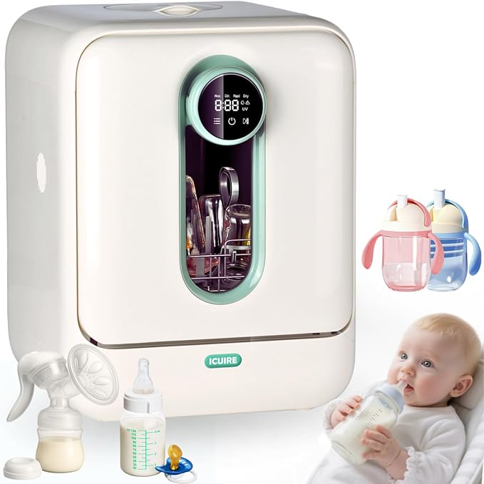 ICUIRE Baby Bottle Washer and Sterilizer and Dryer, 131-167°F High Temperature Sterilize for Baby Stuff, 3.2L Water Tank to Clean Bottles, Pump Part &Pacifiers&Bowl, Newborn Parents One-Hand Operation