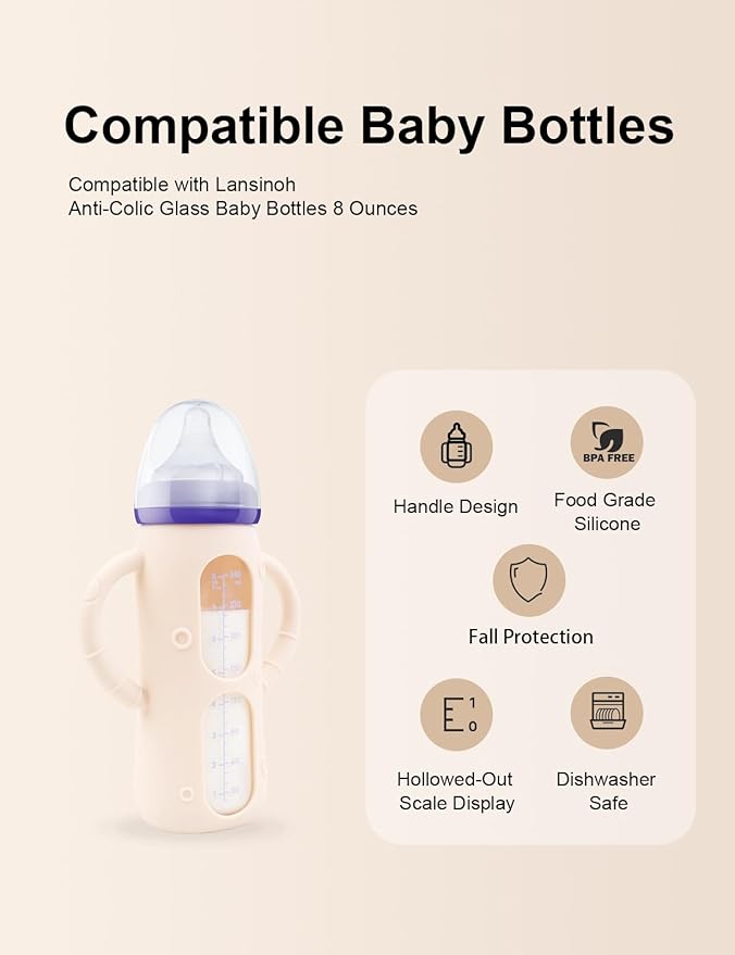 ZCH 4-Pack Silicone Sleeves for Lansinoh Glass Bottles, BPA-Free Drop-Resistant Baby Bottle Sleeves with Handles, Compatible with Lansinoh Anti-Colic Glass Baby Bottles (8 oz)