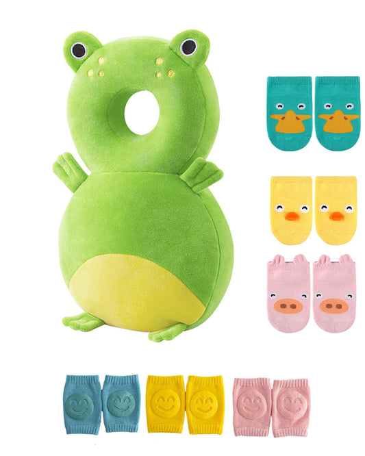 JunNeng Toddler Baby Head Protector Backpack for Toddler Walker with Knee Pads&Anti-Slip Socks, Frog