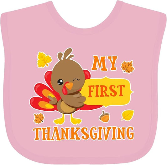 inktastic My First Thanksgiving with Turkey and Leaves Baby Bib