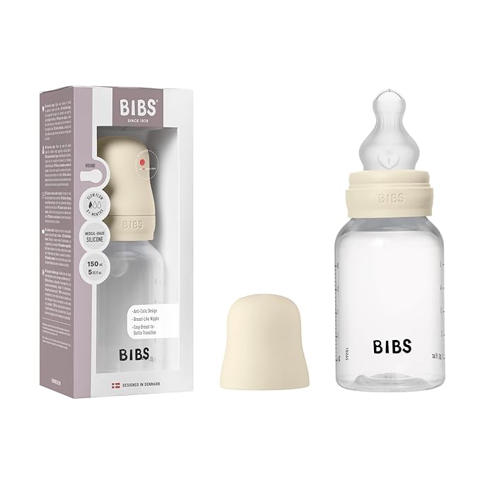 BIBS Baby Bottle 5 oz / 150 ml Silicone Nipple - Anti-Colic, BPA-Free, Round Nipple, Slow Flow, Lightweight & Easy to Clean, Suitable for Newborns 0+ Years - Ivory