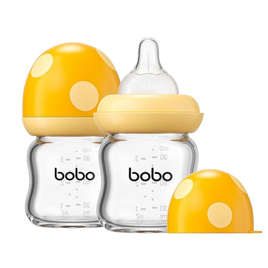 YOHKOH Natural Glass Baby Bottle with Natural Response Nipple, Newborn Anti-Colic Baby Bottles, Wide Neck Mushroom Cap Baby Bottle, Clear (Yellow, 3.4oz (Pack of 2))