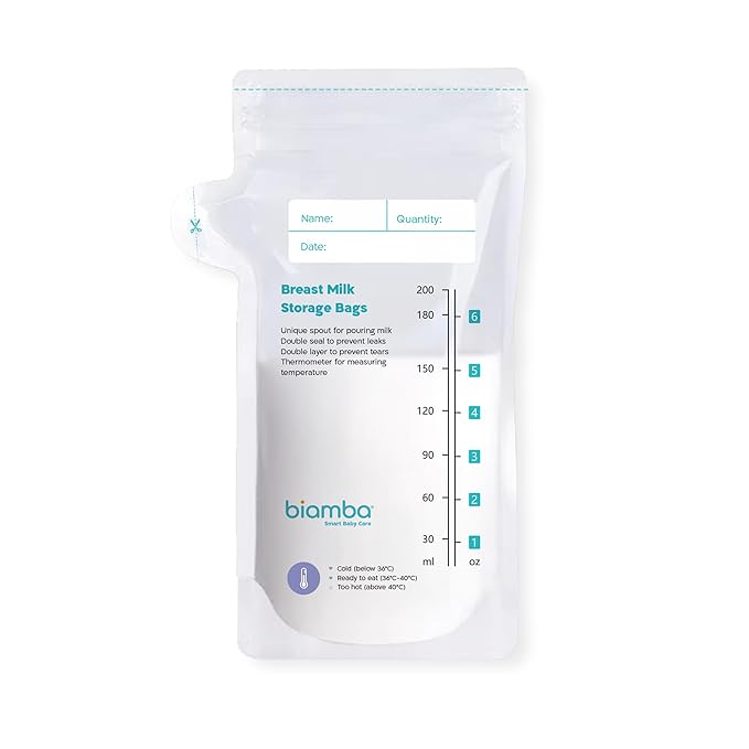 50-Piece Milk Storage Bags Breastmilk by Biamba - Breastmilk Storage Bag Freezer BPA-Free, Double Seal Leak-Resistant, Temperature Indicator, Easy Pour Spout, Pre-Sterilized, 200ml / 6.7 Fl.oz Per Bag