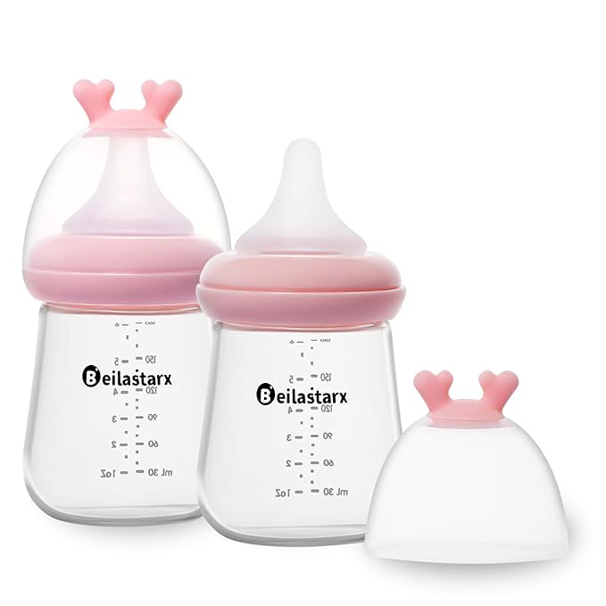 Glass Baby Bottles with Natural Response Nipple Size S - Anti Colic Baby Bottles Wide Neck Slow Flow Baby Bottle (Red, 6oz (Pack of 2))