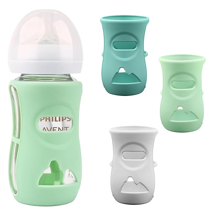 Silicone Sleeves for Avent Glass Natural Baby Bottle,3 Pack Bottles Shatter Proof Bottle Covers,Anti Flow Holder Compatible Baby Bottle 8 oz,BPA Free (Grey+Blue+Green)